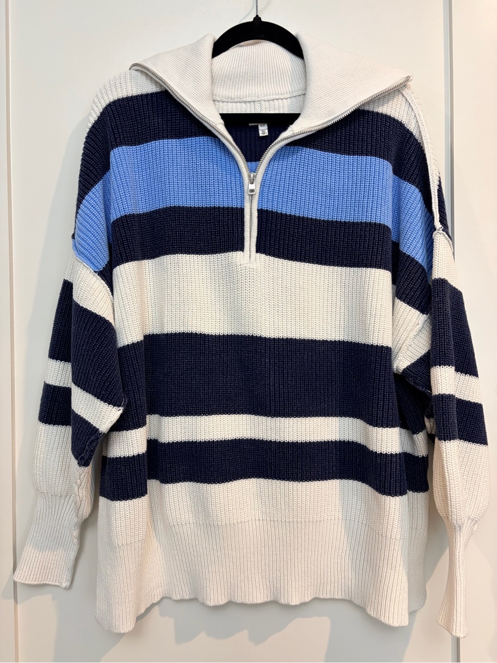Aerie Oversized Navy Blue Cream Striped Half Zip Cotton Sweater Small